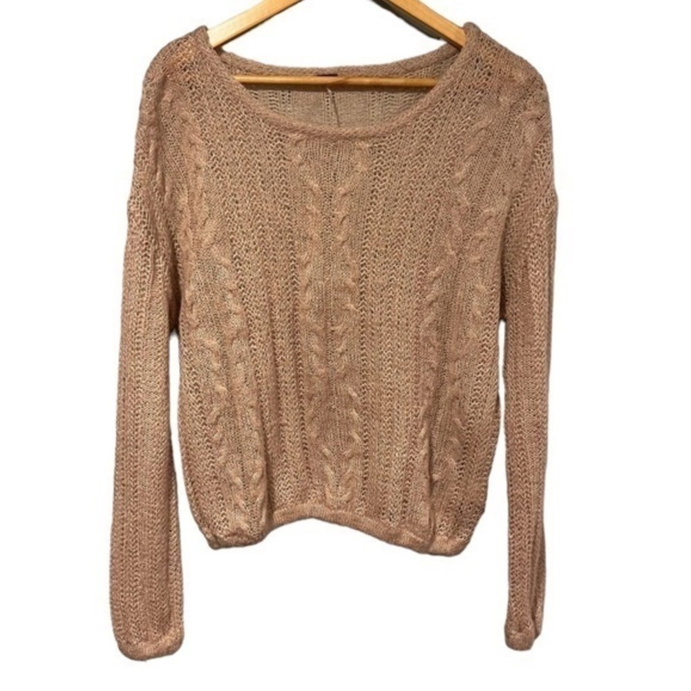 Free People Rose Cable Knit Pointelle Sweater XS Metallic Pink Pullover #293